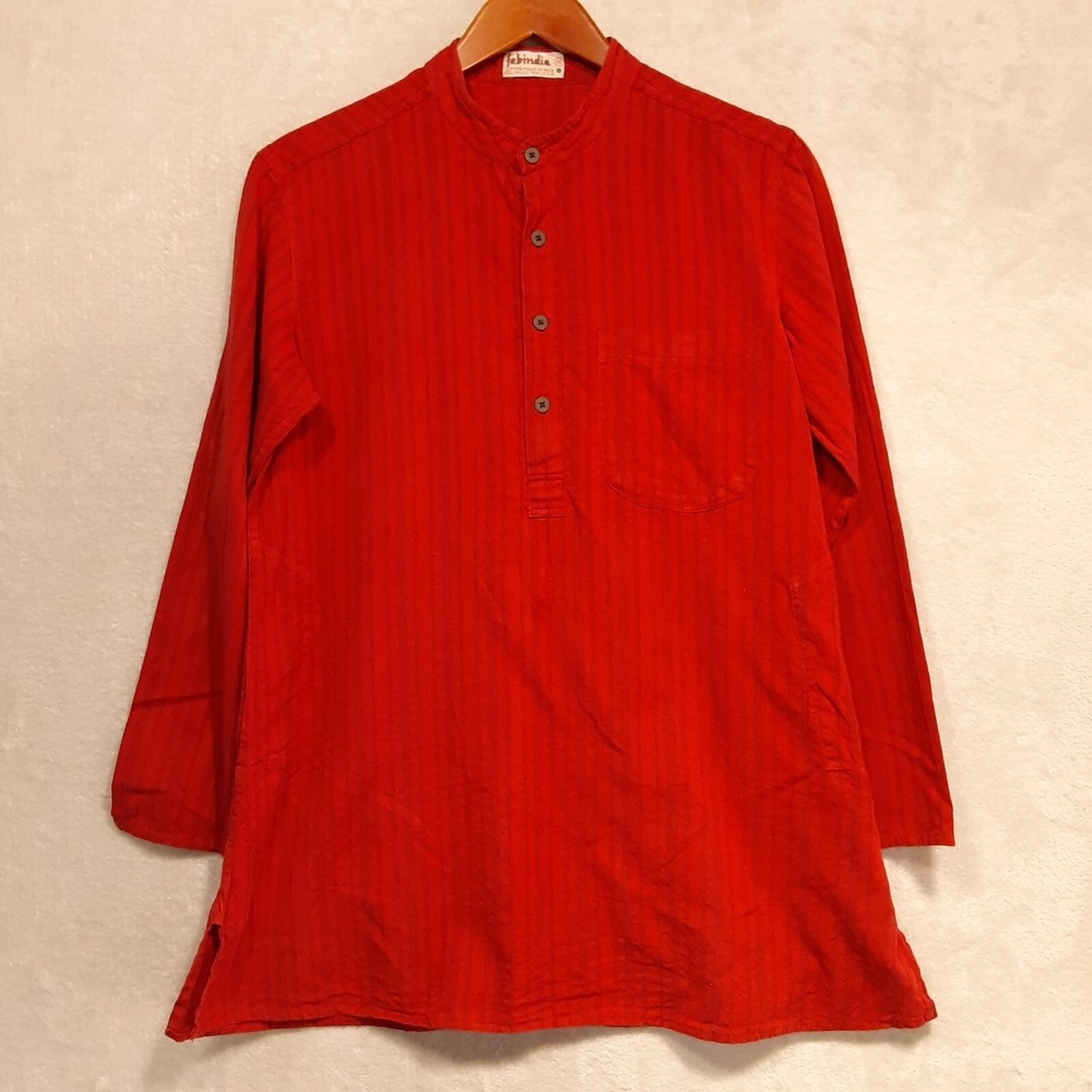 Fabindia Mens Long Sleeve Collar Band Henley Shirt Sz.36/Red/Pockets/Indigo Dyed